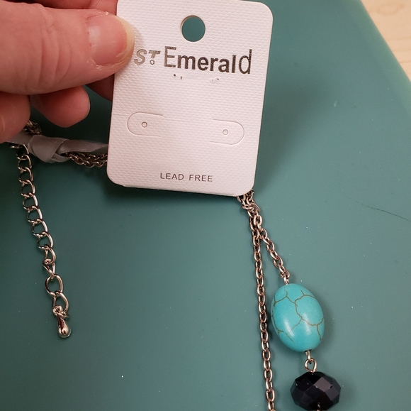 St Emerald, NWT, 2 turquoise, pearl beaded jeweled long silver fashion necklaces - Picture 3 of 16
